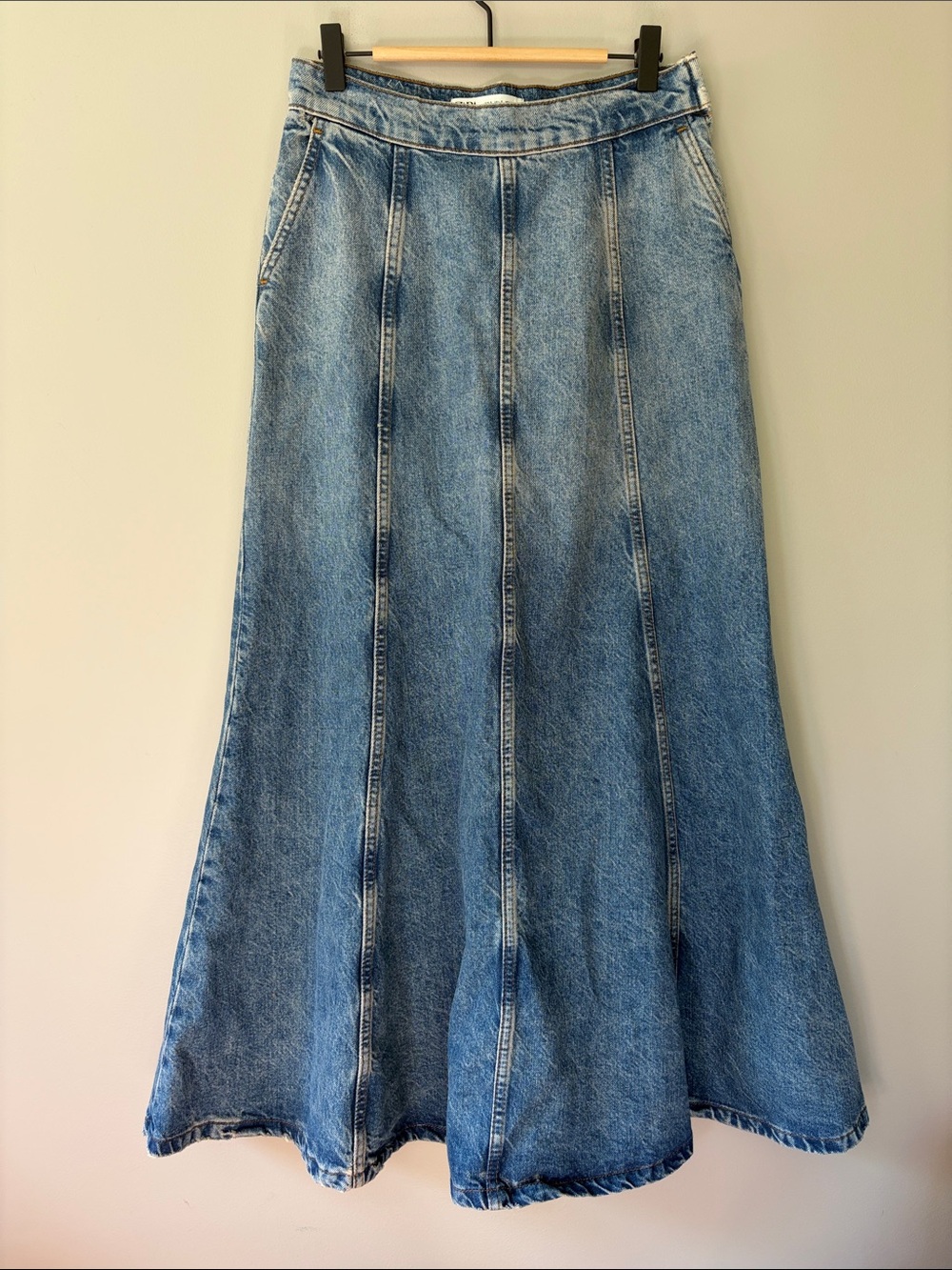 Zara Flared Seamed Jean Skirt Western‎ Boho Small Denim Blue